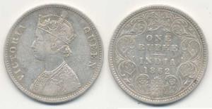 Victoria Queen, Silver Rupee, 1862, Calcutta Mint, A / I, with crescent, 1 in date tilted 