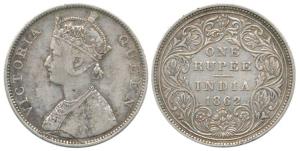 Victoria Queen, Silver Rupee, 1862, Bombay Mint, B / II / 0 / 6 dots. About Very Fine, Ext