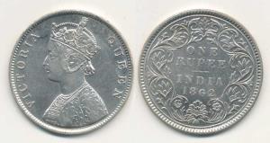 Victoria Queen, Silver Rupee, 1862, Calcutta Mint, B / III; B / II. Very Fine to About Ext