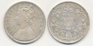 Victoria Queen, Silver Rupee, 1862, A / I / 0 / 4; A / II 0 / 5. Very Fine to About Uncirc