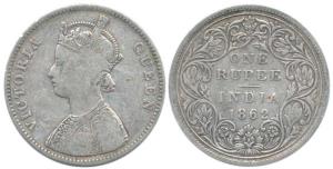 Victoria Queen, Silver Rupee, 1862, A / II / 0 / 11. Fine.
