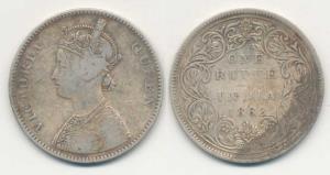 Victoria Queen, Silver Rupee, 1874, Calcutta Mint, A / I No mint mark. About Very Fine.