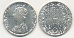 Victoria Queen, Silver Rupee, 1874, Bombay Mint, C / II No mint mark. Very Fine, Rare.