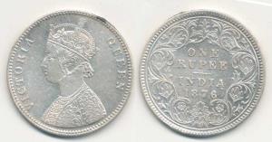 Victoria Queen, Silver Rupee, 1876, Calcutta Mint, A / I No mint mark; A2 / II dot. About 