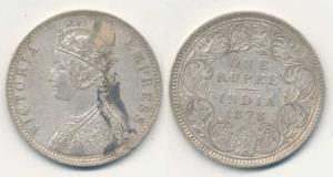 Victoria Empress, Silver Rupee, 1878, Calcutta Mint, A / I No mint mark; A3 / II dot. Very