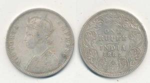 Victoria Empress, Silver Rupee, 1887, A3 / I ’B’ incuse, with 7 over 6. Fine+, Rare.