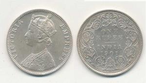 Victoria Empress, Silver Rupee, 1901, C5 / I ’B’ incuse; C6 / I ’B’ incuse. Very Fine to E