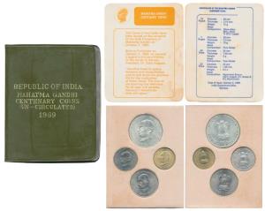 1969 Uncirculated Set, Gandhiji Birth Centennial, set of 4, 20 Paise to Rupees 10. In imma