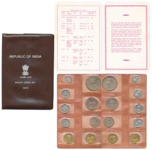 1969 Proof Set, Gandhiji Birth Centennial, set of 9, Paisa to Rupees 10, Bombay Mint. In i