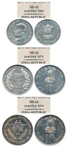 Silver Rupees 10 (3), 1969, Gandhiji Birth Centennial; 1973, Grow More Food; 1974, Planned