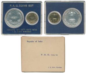 1970 Uncirculated Set, Food For All, set of 2 pcs., 20 Paise and Rupees 10. In immaculate 