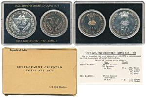 1974 Uncirculated Set, Food ForAll, set of 2, Rupees 10 and 50. In plastic casing. (2)