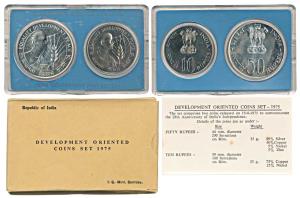 Uncirculated Set, Equality Development and Peace, set of 2, Rupees 10 and 50. Within origi