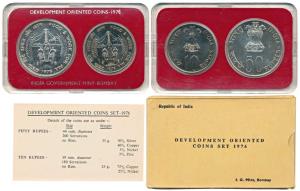 1976 Uncirculated Set, Food and Work for all, set of 2, Rupees 10 and 50. In plastic casin