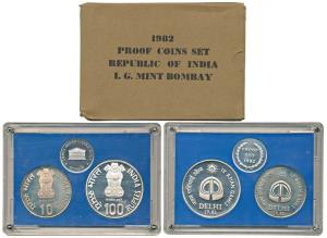 1982 Proof Set, IX Asian Games Delhi, set of 2, Rupees 10 and 100. In immaculate condition