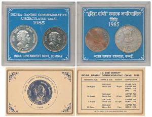 1985 Uncirculated Set, Death of Indira Gandhi, Rupees 20 and 100, Bombay Mint. Within orig