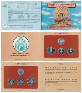 1991 Proof Set, India Tourism Year, set of 3, Rupee 1 to 5. In immaculate condition, withi