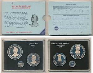 1997 Proof Set, Subhas Chandra Bose Centenary, set of 2, Rupees 50 and 100. In immaculate 