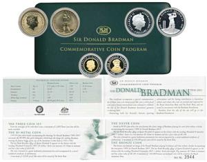 Australia, Sir Donald Bradman, set of 3 Proof, Silver $5, 31.1g; Bi-metal Gold and Silver 