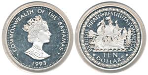 Bahamas, Silver $10, 136.8g, 1993, rev. ship with sails. Proof, Rare.