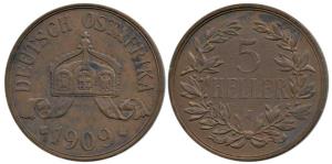 German East Africa, Copper 5 Heller, 1909 J, 19.76g. About Extremely Fine, Scarce.