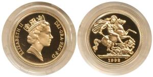 Great Britain, Elizabeth II, Gold Sovereign, 8g, 1992, St. George slaying a dragon on rev.