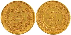 Tunisia, Gold 20 Francs, 6.43g, AH 1309, AD 1892. About Extremely Fine.