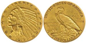United States of America, Gold $5, 8.29g, 1913, Indian Head on obv., (KM 130). About Extre