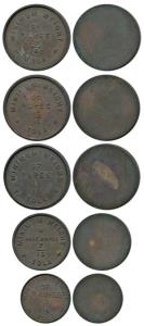 Minimum weight of Rupee, ½ and ¼ Copper, 5 different sizes, weights and thicknesses, Unifa