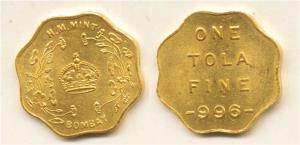 Bombay Mint Token, Gold 1 Tola, H M Mint crown within wreath and Bombay below on obv., 1 T