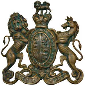 Coat of Arms of the East India Company, Brass, a lion wearing a crown to left and a unicor