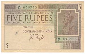 George V, Rupees 5, 1st issue, 1925, signed J. B. Taylor, (J&R 4.2). Very Fine+, Scarce.