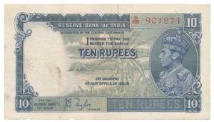 George VI, Rupees 10, 1st issue, 1938, signed J. B. Taylor, (J&R 5.1). Very Fine+.
