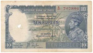 George VI, Rupees 10, 1st issue, 1938, signed J. B. Taylor, (J&R 5.1). Faded on the rev., 