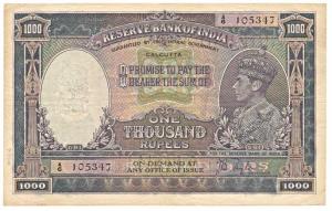 George VI, Rupees 1000, 1st issue, 1938, Calcutta, signed J. B. Taylor, (J&R 8.1B). Very F