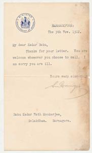Autograph of Surendra Nath Banerjee, addressed to a Kedar Babu, written on a letter head w