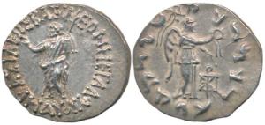 Indo-Scythians, Maues (c. 125-85 BC), Silver Tetradrachm, Zeus standing left, holding torq