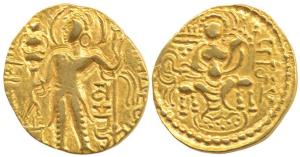 Guptas, Samudragupta, Gold Dinar, Standard type, obv. king nimbate, standing facing left, 