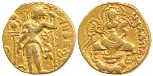 Guptas, Chandragupta II, Gold Dinar, Sceptre type, obv. king nimbate, standing left throwi