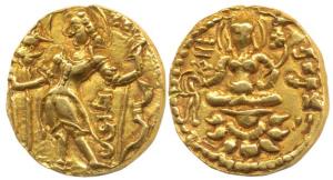 Guptas, Chandragupta II, Gold Dinar, 7.92g, Archer type, obv. king nimbate, standing left 