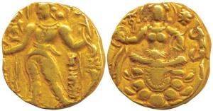Guptas, Chandragupta II, Gold Heavy Dinar, 8.88g, Archer type, king nimbate, standing left