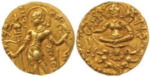 Guptas, Skandagupta, Gold Heavy Dinar, 8.5g, Archer type, king nimbate, standing left, hol