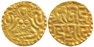Kalachuris of Tripuri, Gangeya Deva, Gold Dinara, 4g , Goddess Lakshmi seated wearing a he