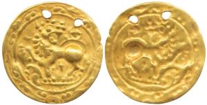 Kadambas of Hangal, Gold ½ Pagoda, 1.6g, lion advancing right with its head turned back, r