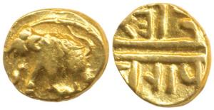 Vijayanagar, Devaraya I (1406-1422 AD), Gold 2 or double Fanam, 0.68g, elephant walking le