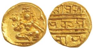 Vijayanagar, Krishna Deva Raya (AD 1509-1529), Gold ½ Pagoda, 1.7g, seated Balakrishna fla