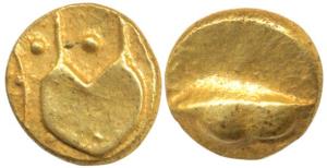 Anonymous, Hudki Gold ½ Pagoda, 1.68g, obv. a boat like uncertain symbol; rev. possibly th