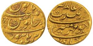 Aurangzeb, Gold Mohur, 10.96g, Burhanpur Mint, near complete Mint name at bottom, date off