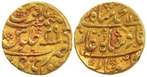 Muhammad Shah, Gold Mohur, 10.84g, Sawai Jaipur Mint, AH 115x/29, mint name in last line o