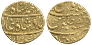 Muhammad Shah, Gold Mohur, 10.84g, Khujista Bunyad Mint, AH 113x/5, (KM 438.13). Very Fine